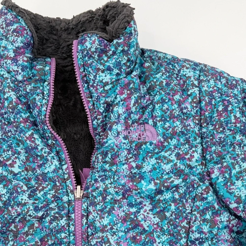 THE NORTH FACE Girls Reversible Mossbud Swirl Puffer Jacket Blue Purple XL 18